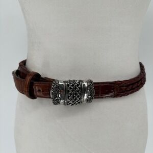 Vintage Brighton Braided Leather Croc Belt with Ornate Silver Buckle Size M READ